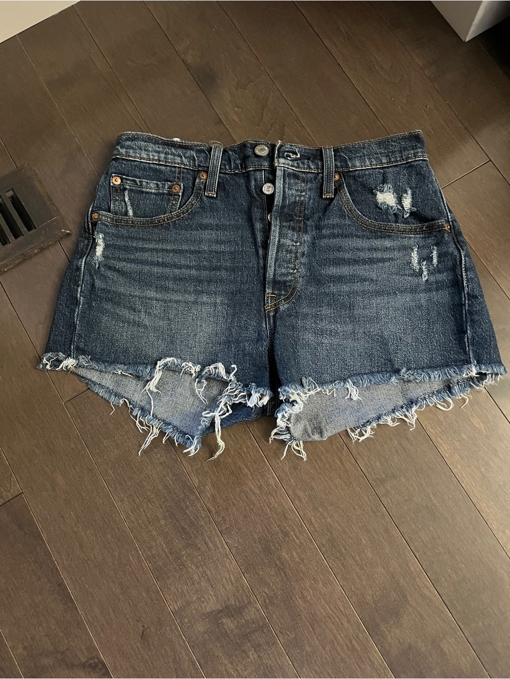 Levi’s 501 Dark Blue Distressed Denim Shorts - Women's